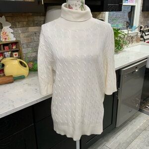 Lands’ End Womens XL Cable Knit Turtleneck Elbow Sleeve Sweater Soft Ivory New